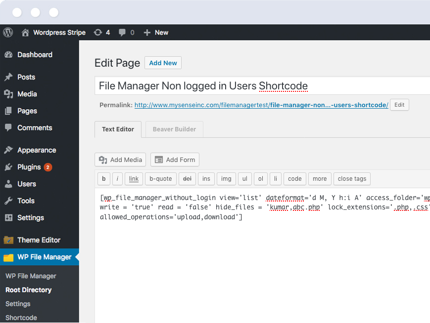 Wordpress file manager no logged in users shortcodes 