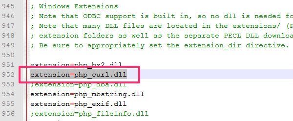 Editing php.ini file to enable curl